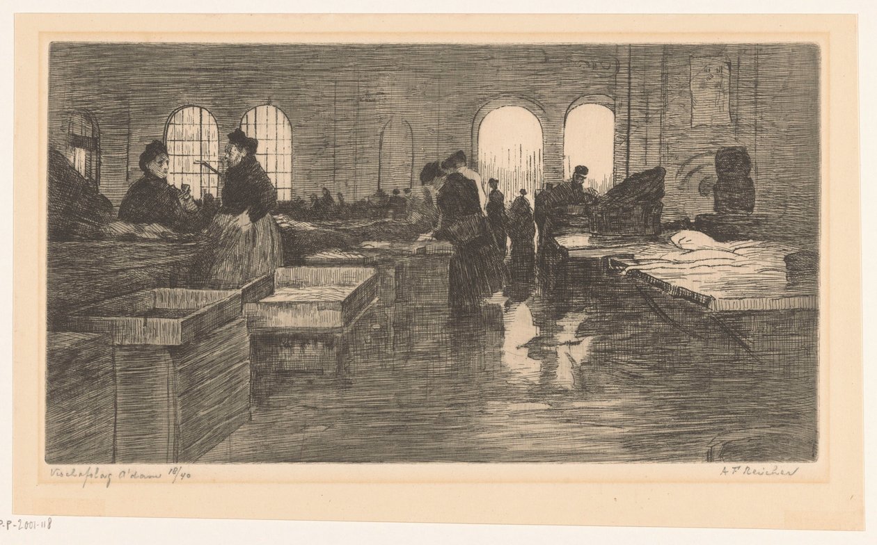 Intérieur du marché aux poissons sur le Nieuwmarkt à Amsterdam - Albrecht Felix Reicher (signed by artist)