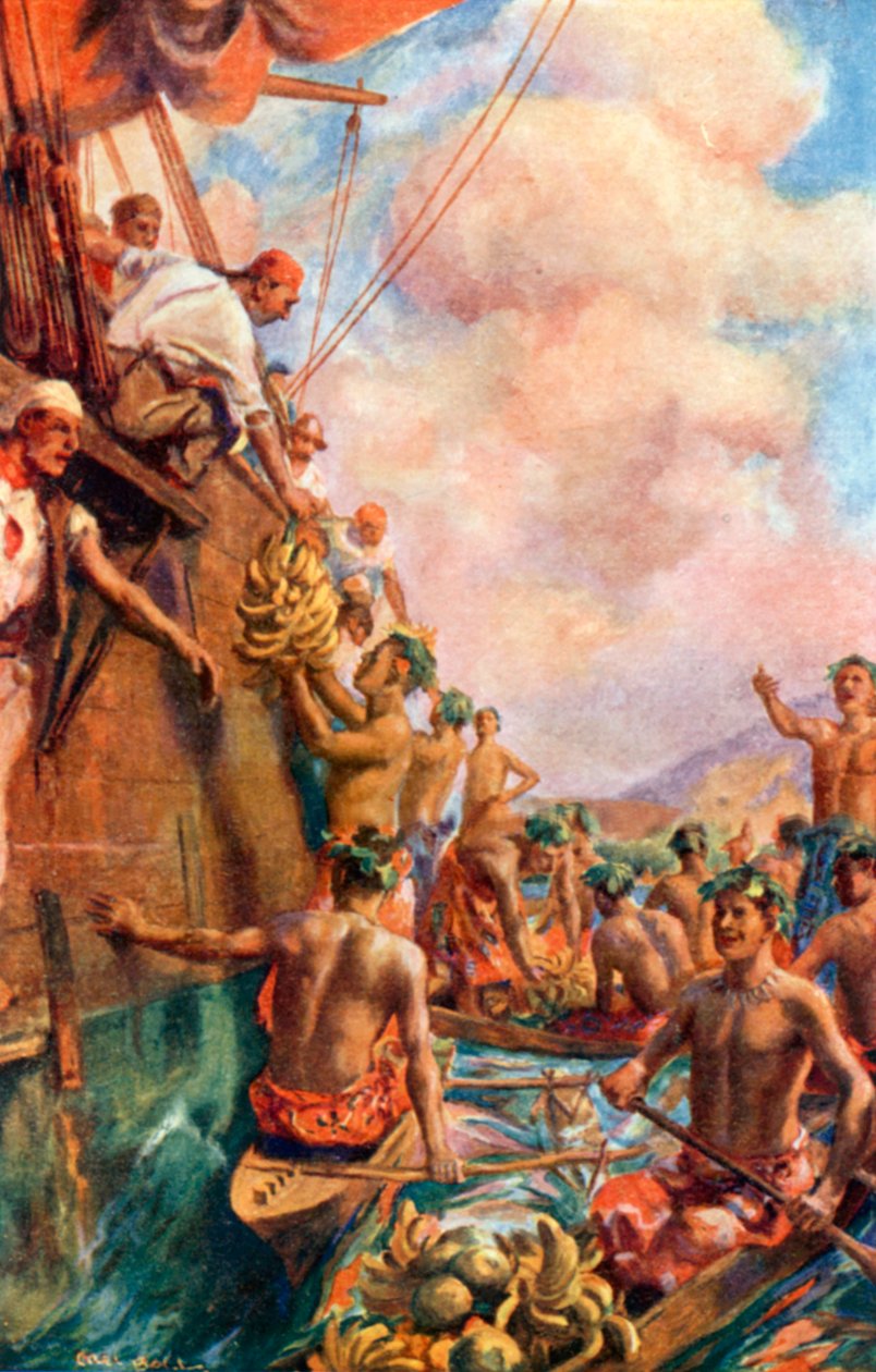 Arrivée du capitaine Cook à Tahiti (lithographie couleur) - Alec Ball