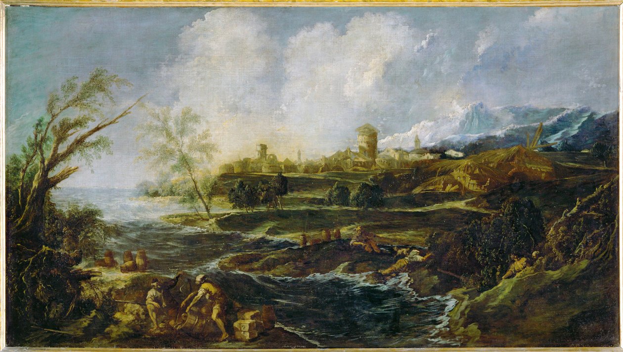 Paysage avec un homme et un cercueil au bord de la rivière ... - Alessandro (style of) Magnasco