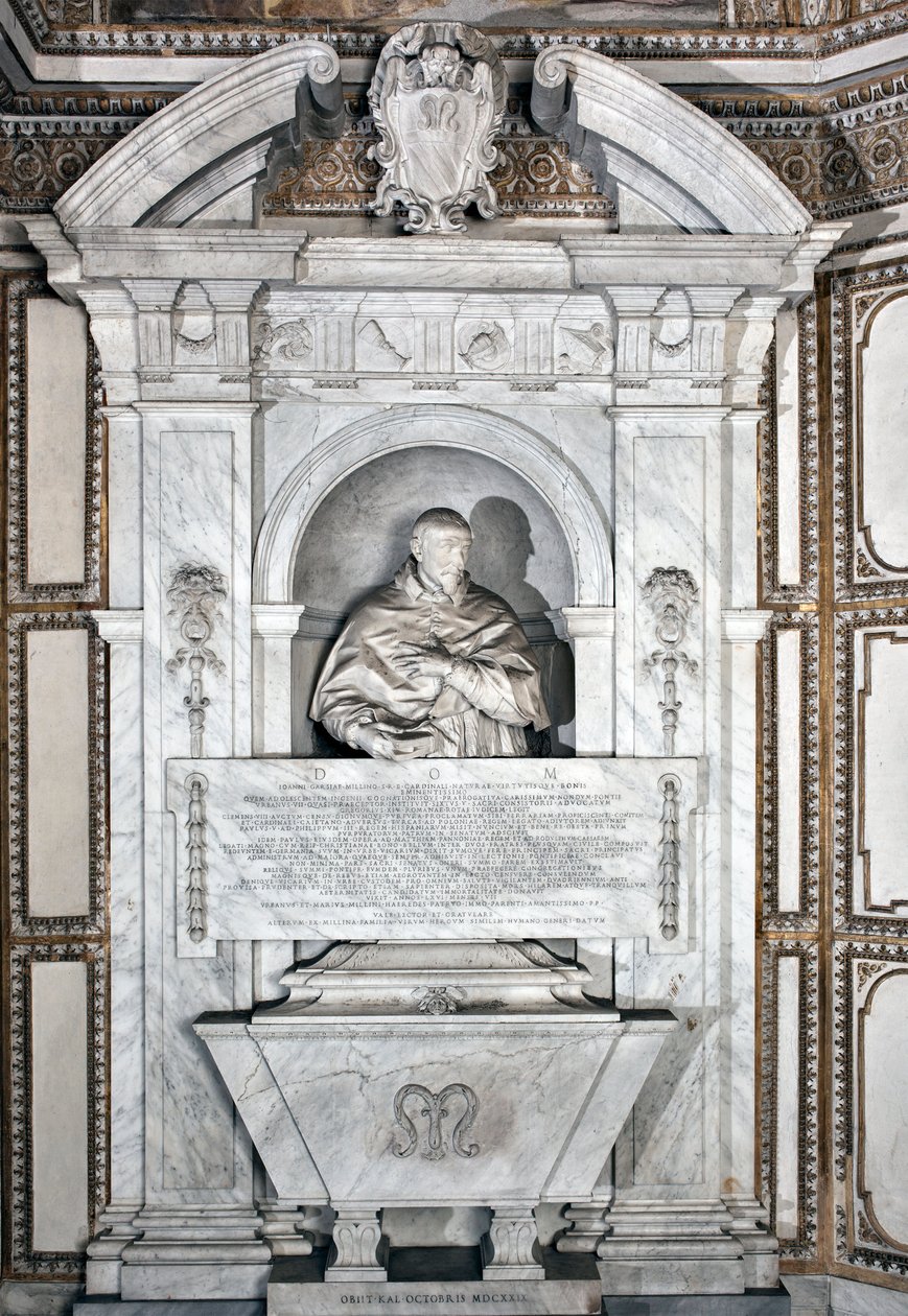 Monument funéraire en hommage au cardinal Giovanni Garcia Mellini avec portrait en buste Sculpture en marbre par Alessandro Algardi (1598-1654) vers 1630 Rome Basilique de Santa Maria del Popolo, Cappella Mellini - Alessandro Algardi
