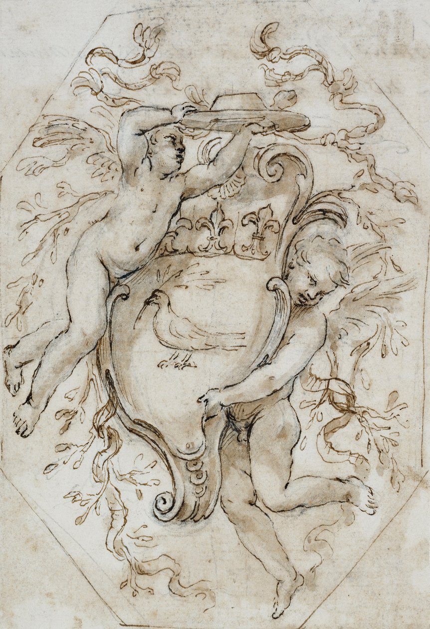 Deux putti soutenant un chapeau de cardinal et un écusson avec les armes de Camillo Pamphili : Dessin pour une décoration en stuc - Alessandro Algardi