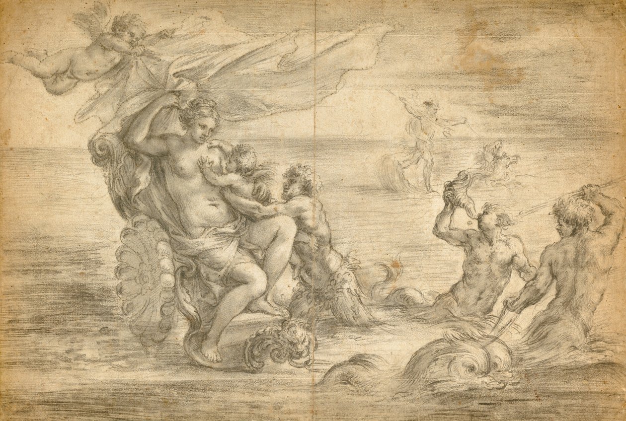 Vénus assise dans son char de mer et tétant Cupidon - Alessandro Algardi
