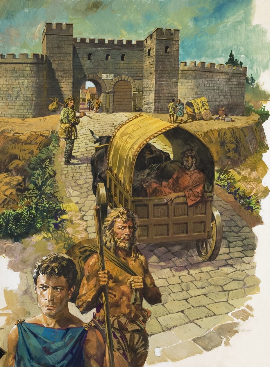 Chariot entrant dans une ville fortifiée en Grande-Bretagne romaine (gouache sur papier) - Alessandro Biffignandi