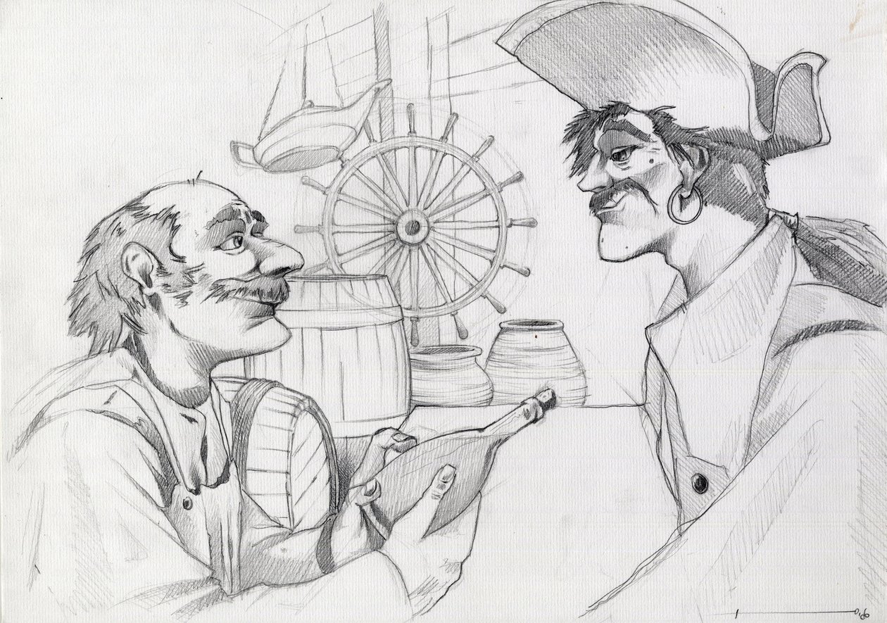 Pirate des Caraïbes dans une auberge avec une bouteille. Dessin par Alessandro Lonati - Alessandro Lonati