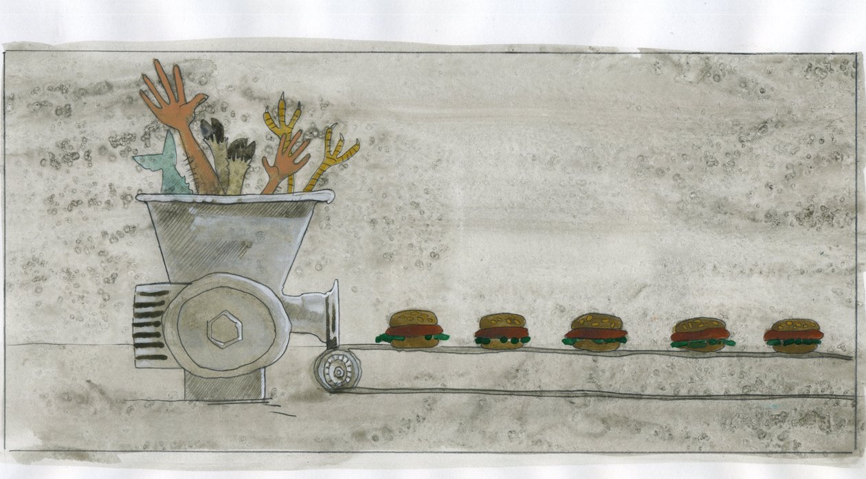 Société de consommation : production de malbouffe, hamburger fait avec des restes humains et animaux - Alessandro Lonati