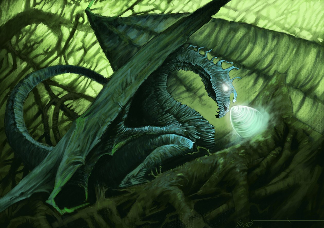Créature fantastique : un dragon protégeant son œuf. Illustration par Alesandro Lonati. 2010 - Alessandro Lonati