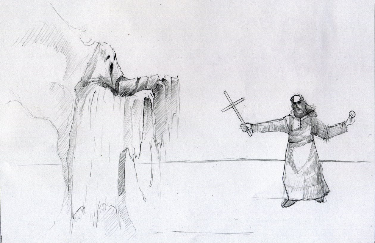 Combat entre un moine tenant un crucifix et un fantôme - Alessandro Lonati