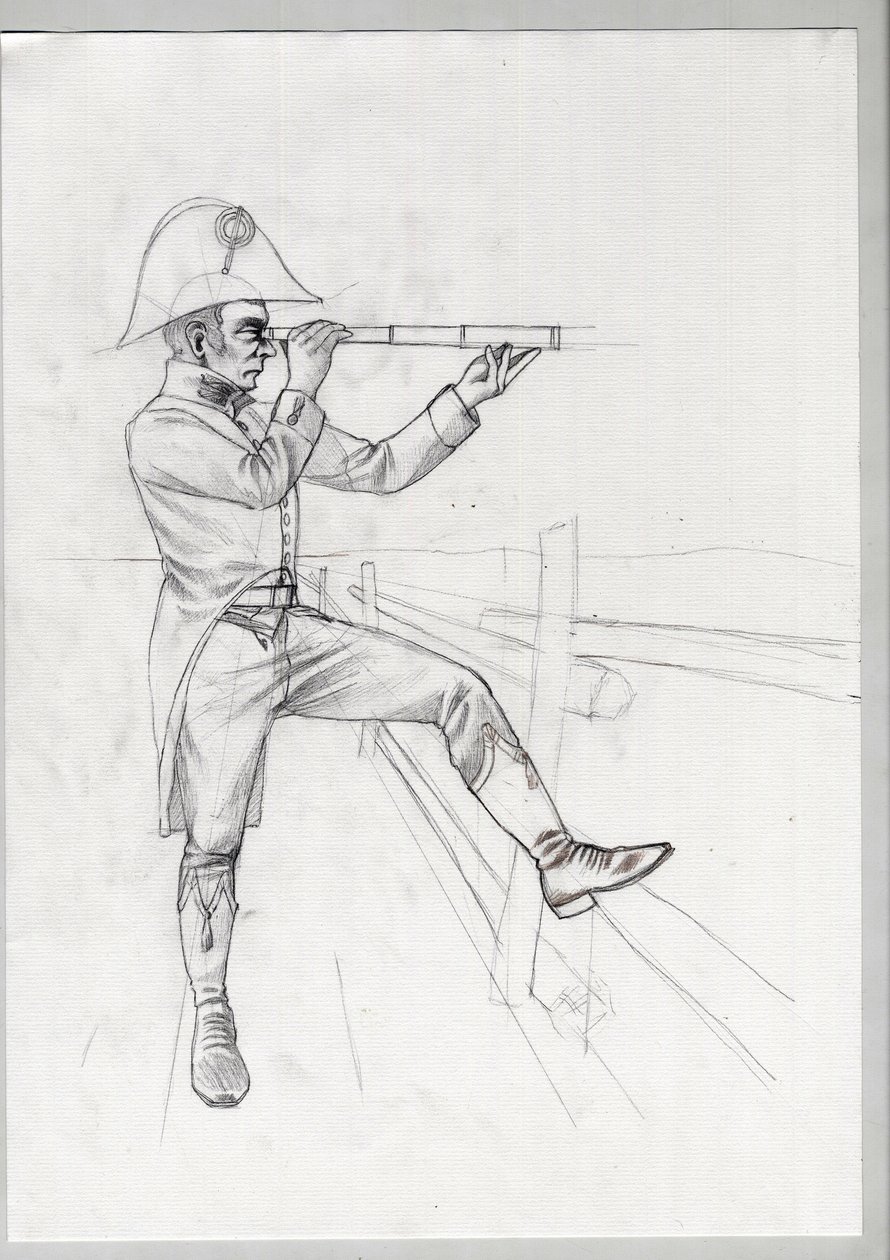 Premier Empire (1804-1814 et 1815) : soldat supérieur de la grande armée napoléonienne française en observation avec une longue vue. Dessin inachevé par Alessandro Lonati. - Alessandro Lonati