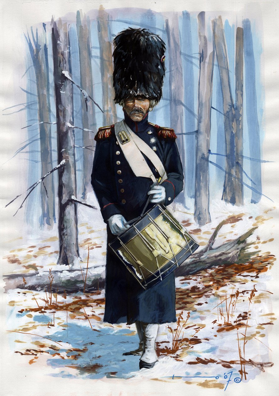 Premier Empire (1804-1814 et 1815) : soldat de la grande armée napoléonienne, tambour des grenadiers de la Garde Impériale française en manteau - Alessandro Lonati