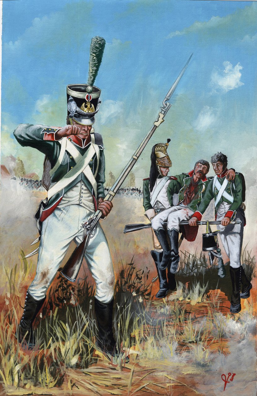 Premier Empire (1804-1814 et 1815) : soldats de la grande armée napoléonienne en Italie aidant un camarade blessé. Dessin par Alessandro Lonati - Alessandro Lonati