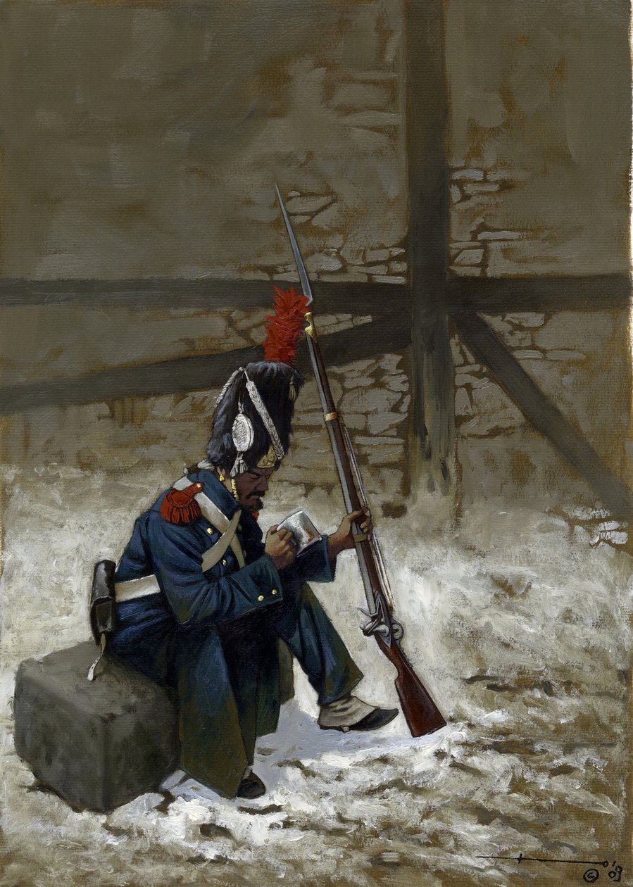 Premier Empire : grenadier de la garde en manteau assis dans la neige. Dessin par Alessandro Lonati - Alessandro Lonati