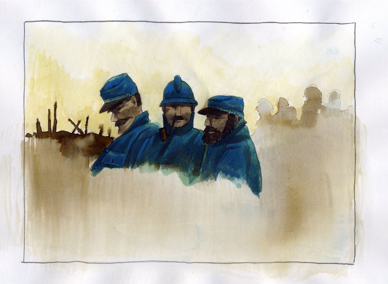 Première Guerre mondiale : soldats français pendant la Première Guerre mondiale. Dessin en couleur par Alessandro Lonati - Alessandro Lonati