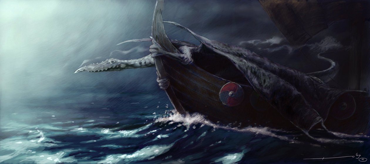 Créature légendaire : dragon attaquant un drakkar (bateau viking). - Alessandro Lonati