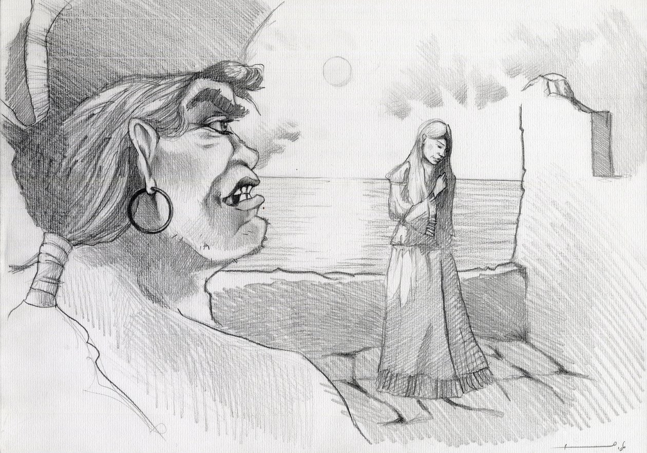 Pirate (corsaire) des Caraïbes menaçant une dame dans une forteresse. Dessin par Alessandro Lonati - Alessandro Lonati