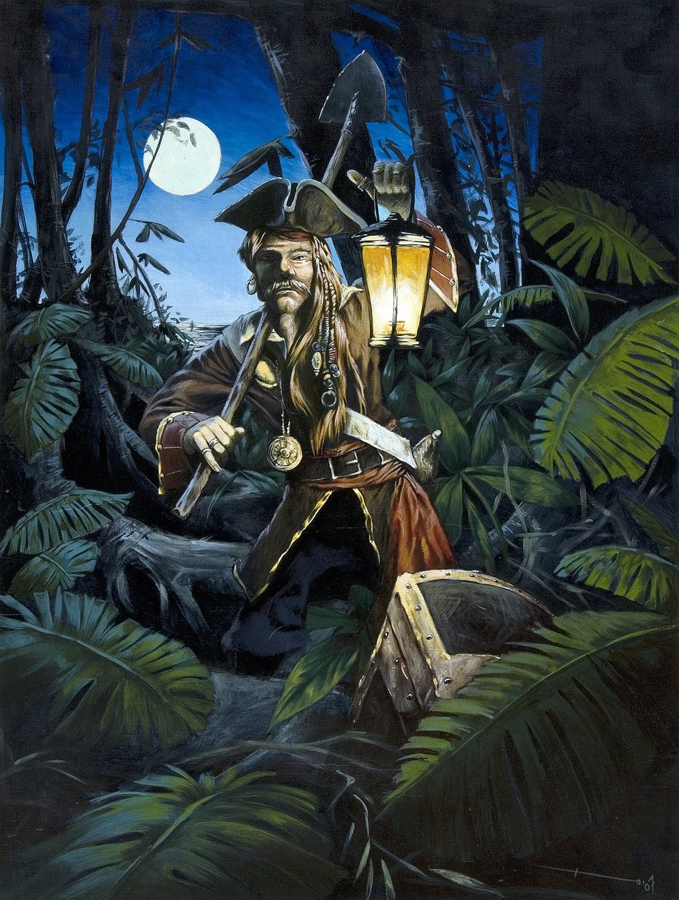 Pirate des Caraïbes avec une lanterne, la nuit, cachant son trésor dans la forêt d