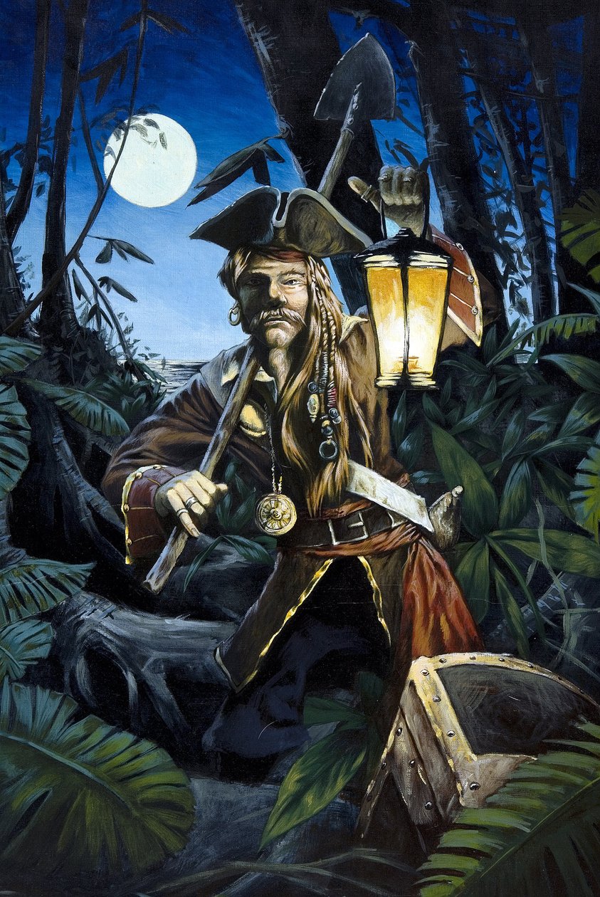 Pirate des Caraïbes avec une lanterne, la nuit, cachant son trésor dans la forêt d