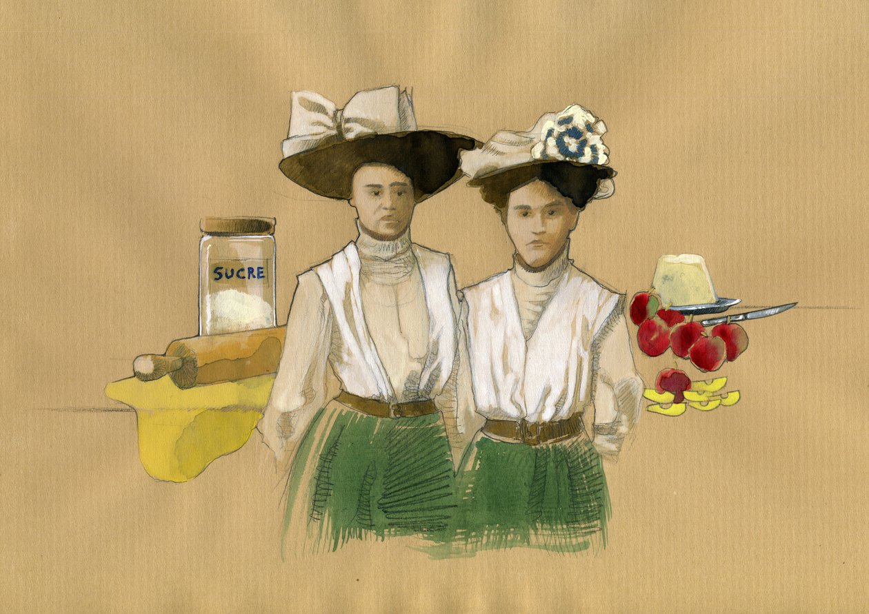 Portrait des sœurs Stéphanie (1838-1917) et Caroline Tatin (1847-1911) qui ont inventé le dessert français tarte Tatin à Lamotte-Beuvron en Sologne - Alessandro Lonati