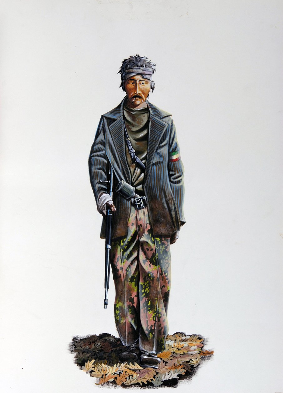Seconde Guerre mondiale : un membre de la Résistance italienne (maquis ou guérilleros, partisan), portant un costume de camouflage et armé d