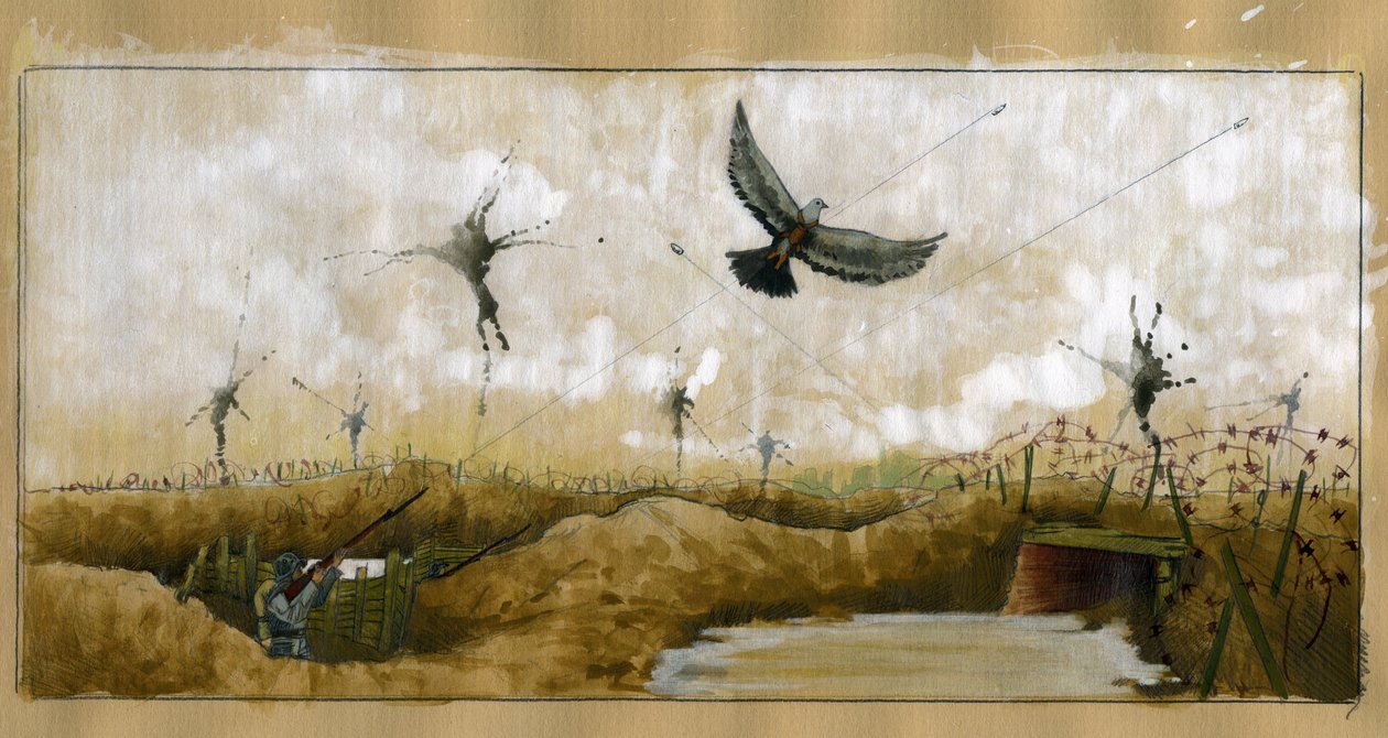 Première Guerre mondiale : un pigeon voyageur portant un message ciblé par un soldat allemand dans une tranchée cherchant à récupérer un message 1914-1918 - Alessandro Lonati