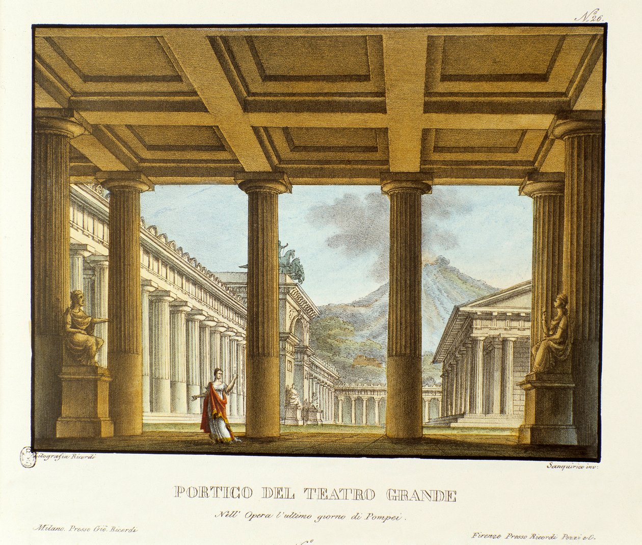 Portique du Grand Théâtre de Pompéi, en arrière-plan le Vésuve Scénographie pour la représentation de l