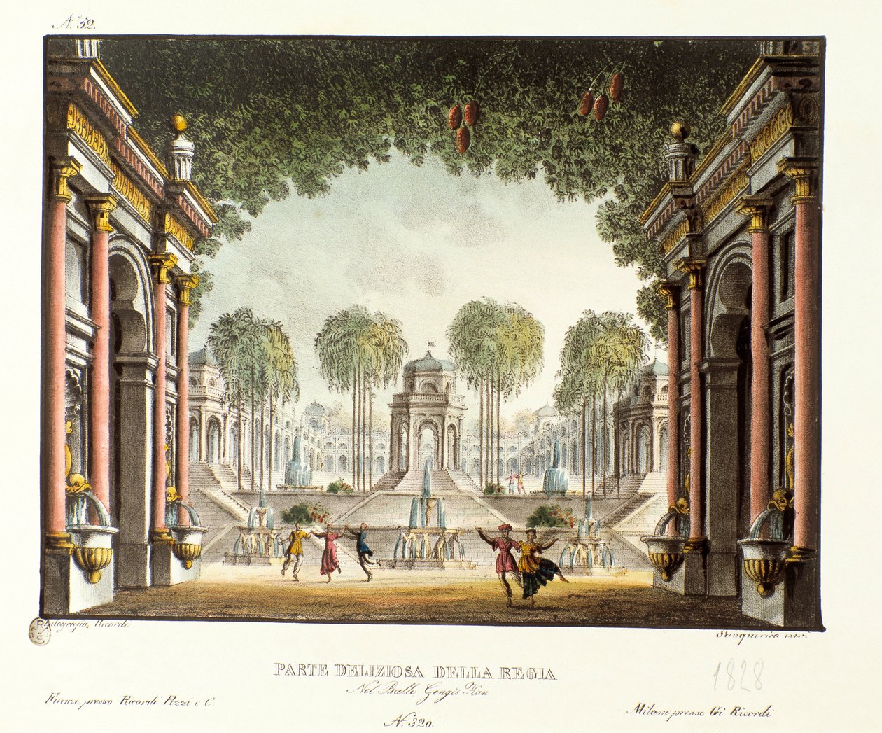 Vue de la cour royale du palais de Gengis Khan Scénographie pour le ballet « Genis-Kan » du chorégraphe italien Giovanni Galzerani (1828) - Alessandro Sanquirico