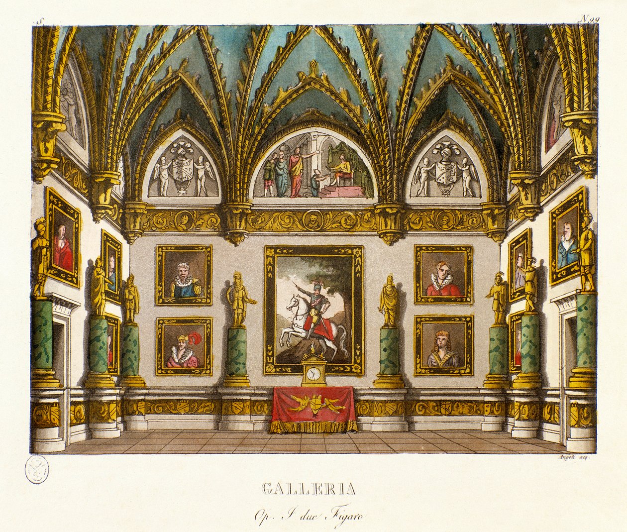 Vue de la galerie décorée de peintures. Scénographie pour l