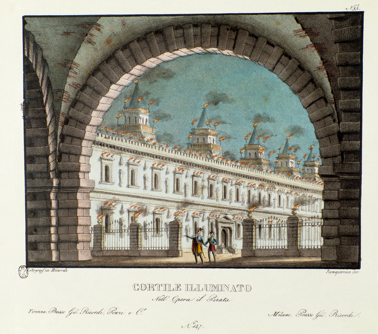 Vue de la grande cour illuminée, scénographie pour la représentation de l