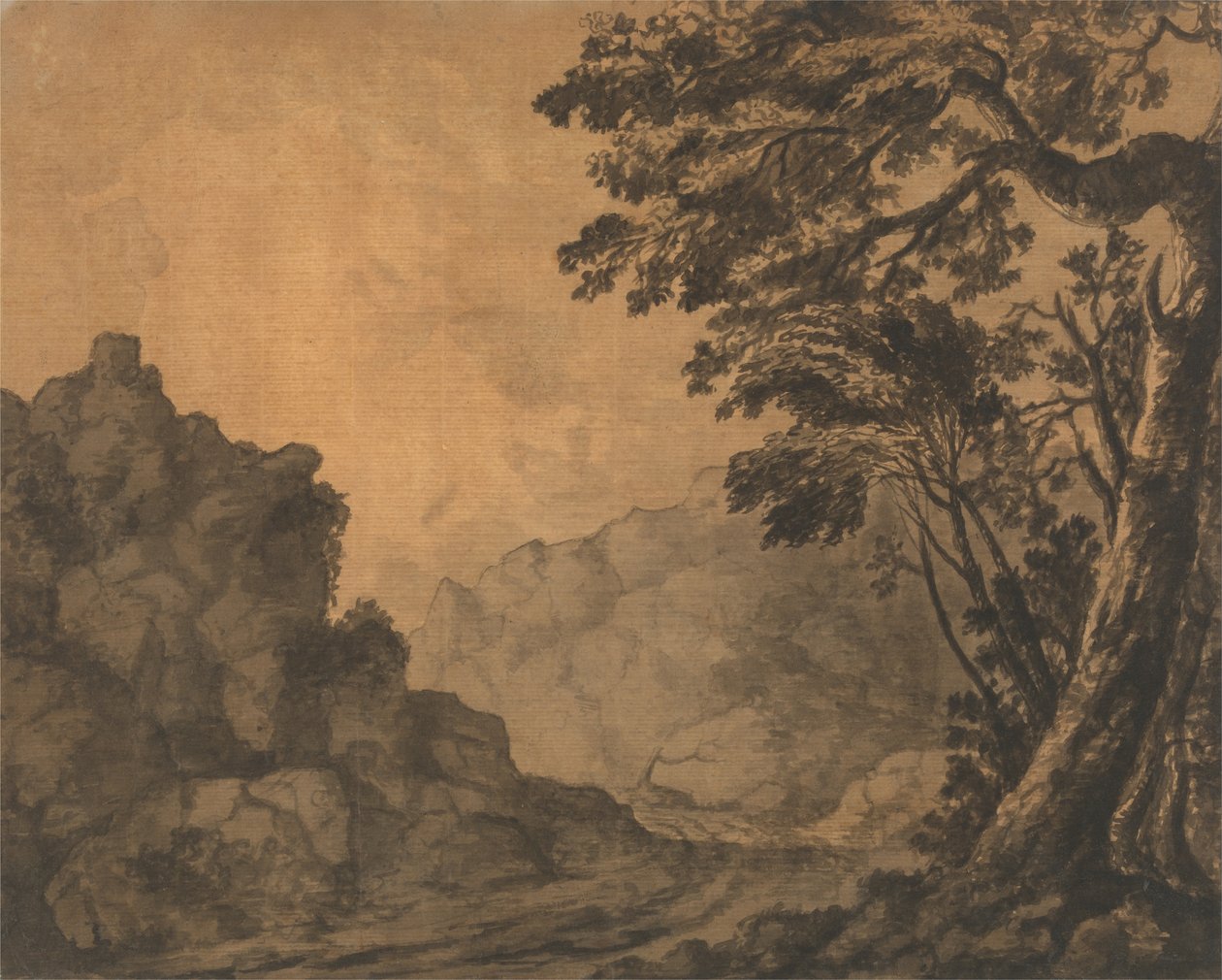 Une route dans un paysage de montagne avec des arbres à droite - Alexander Cozens