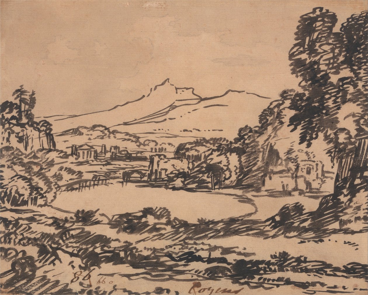 Paysage avec un lac et une montagne lointaine - Alexander Cozens