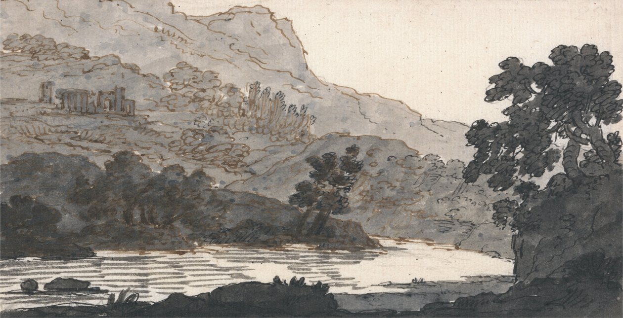 Rivière et montagne, avec ruines - Alexander Cozens