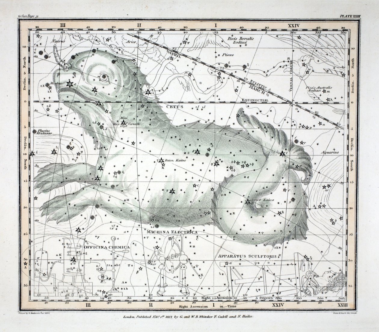 Les Constellations (Planche XXIII) Cetus, Officina Sculptoris, Machina Electrica, Fornax Chemica, de 