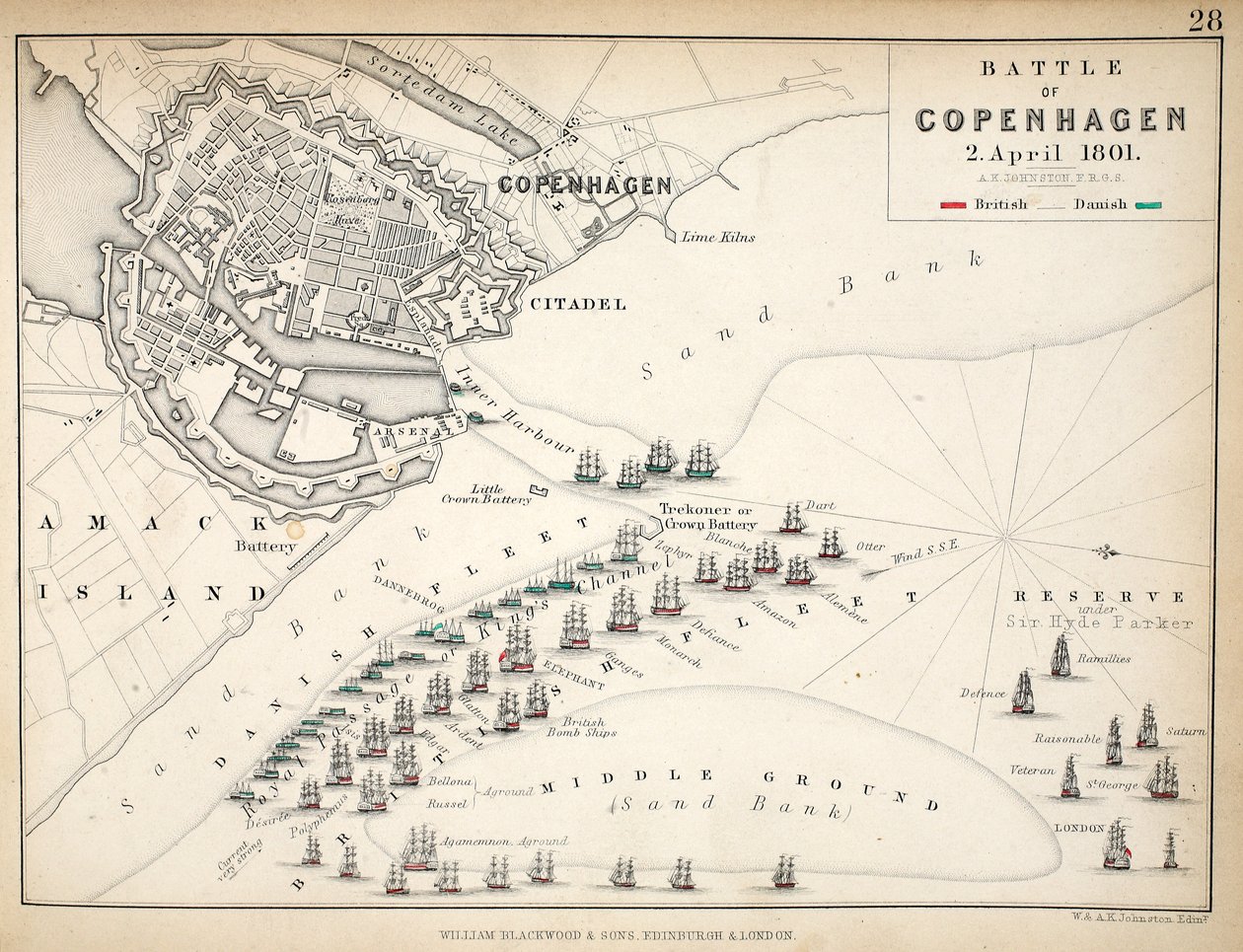 Carte de la bataille de Copenhague, publiée par William Blackwood and Sons, Édimbourg et Londres, 1848 - Alexander Keith Johnston
