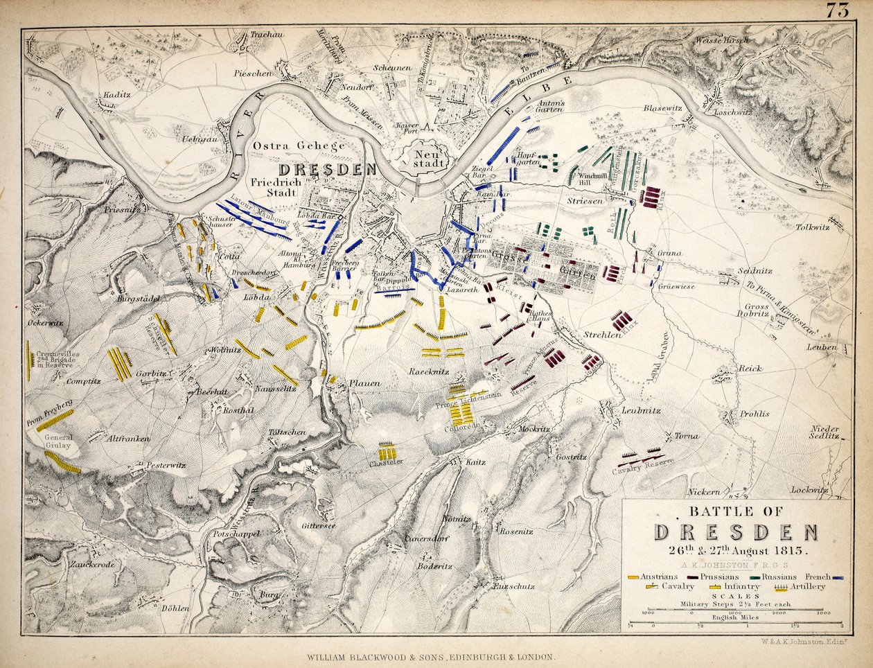 Carte de la bataille de Dresde, publiée par William Blackwood and Sons, Édimbourg et Londres, 1848 - Alexander Keith Johnston
