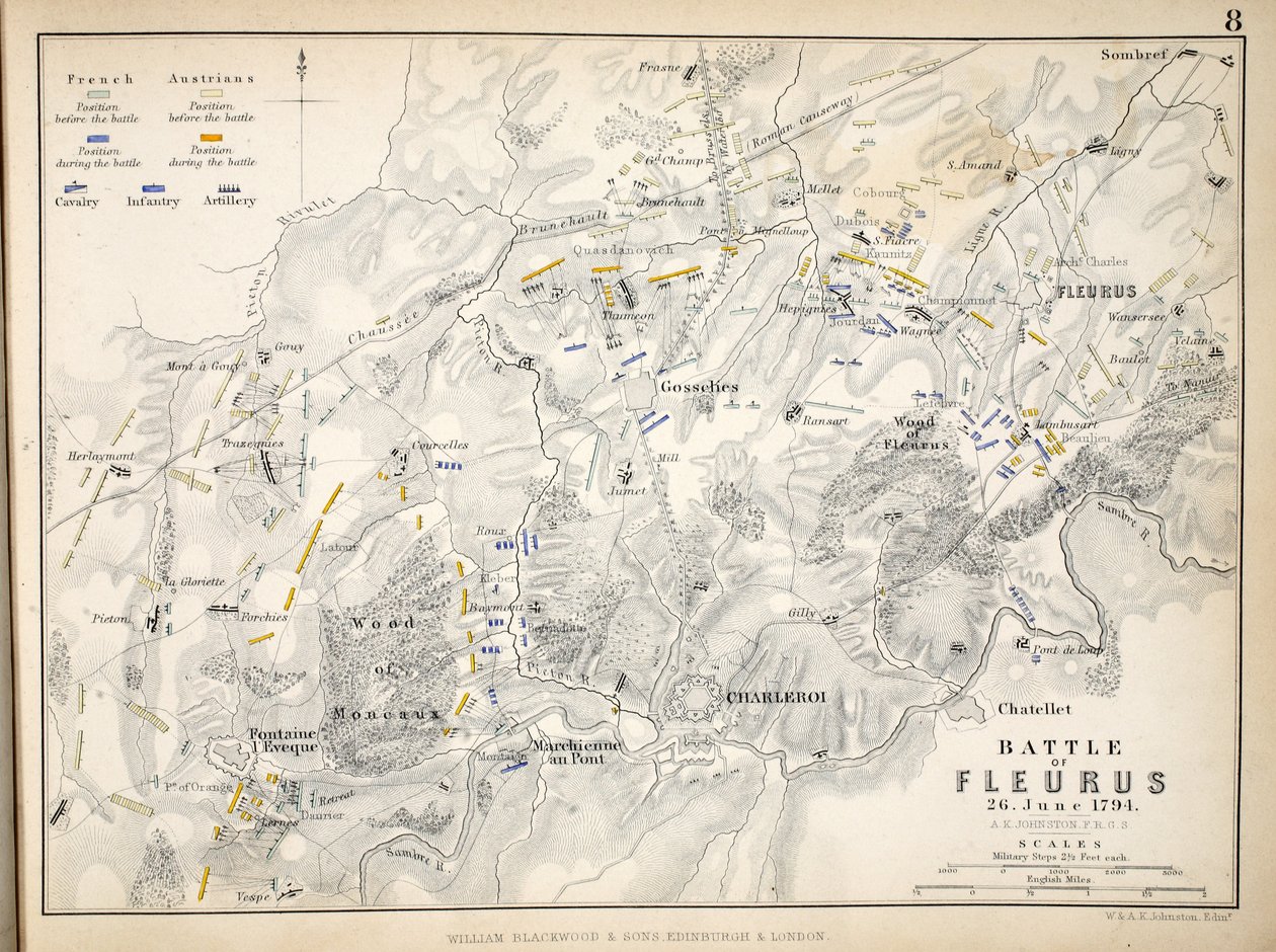 Carte de la bataille de Fleurus, publiée par William Blackwood and Sons, Édimbourg et Londres, 1848 - Alexander Keith Johnston