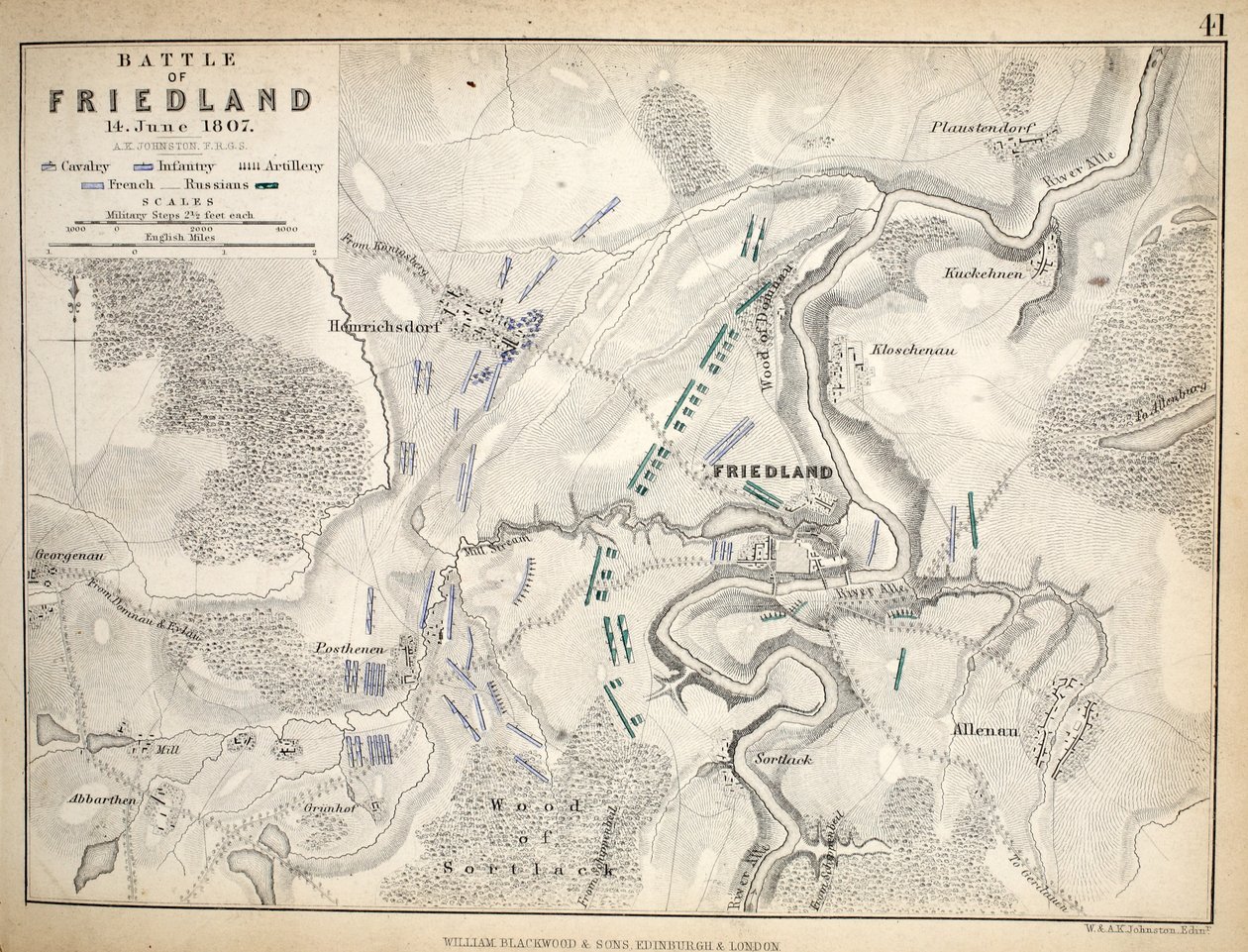 Carte de la bataille de Friedland, publiée par William Blackwood and Sons, Édimbourg et Londres, 1848 (gravure en couleur) - Alexander Keith Johnston