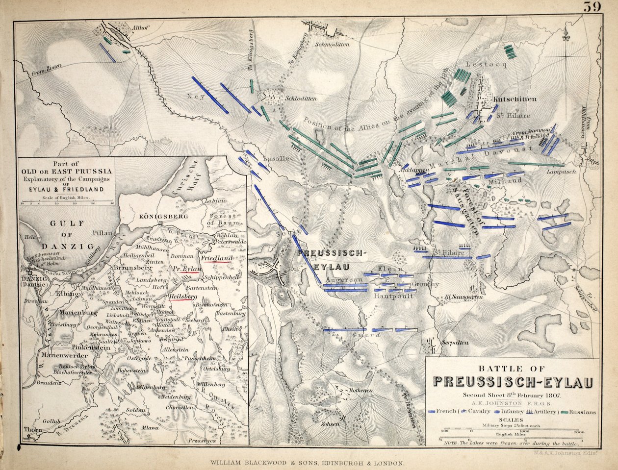 Carte de la bataille de Preussisch-Eylau, publiée par William Blackwood and Sons, Édimbourg et Londres, 1848 (gravure en couleur) - Alexander Keith Johnston