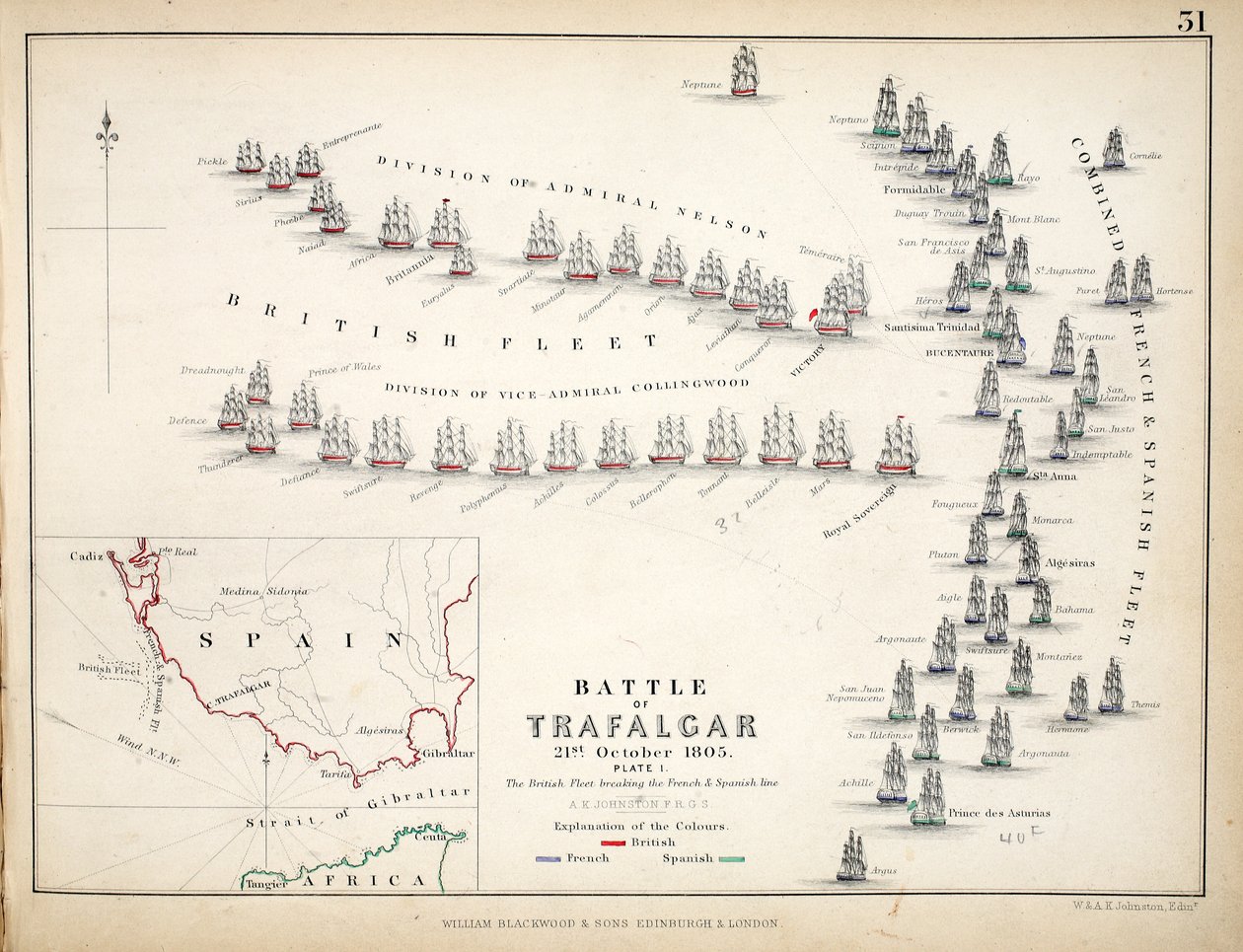 Carte de la Bataille de Trafalgar, publiée par William Blackwood and Sons, Édimbourg et Londres, 1848 - Alexander Keith Johnston