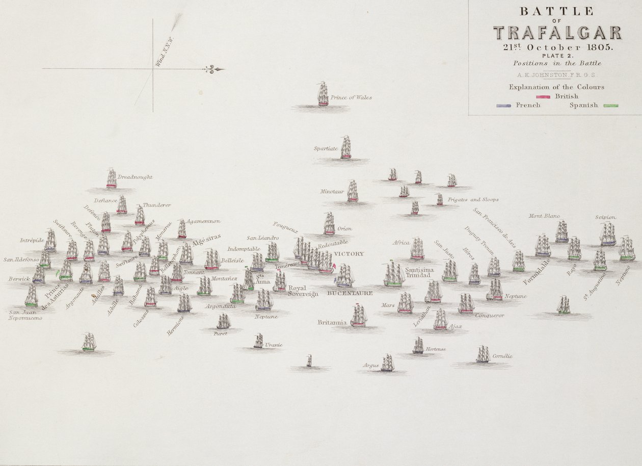 La Bataille de Trafalgar, 21 octobre 1805, Positions dans la bataille, c.1830s - Alexander Keith Johnston
