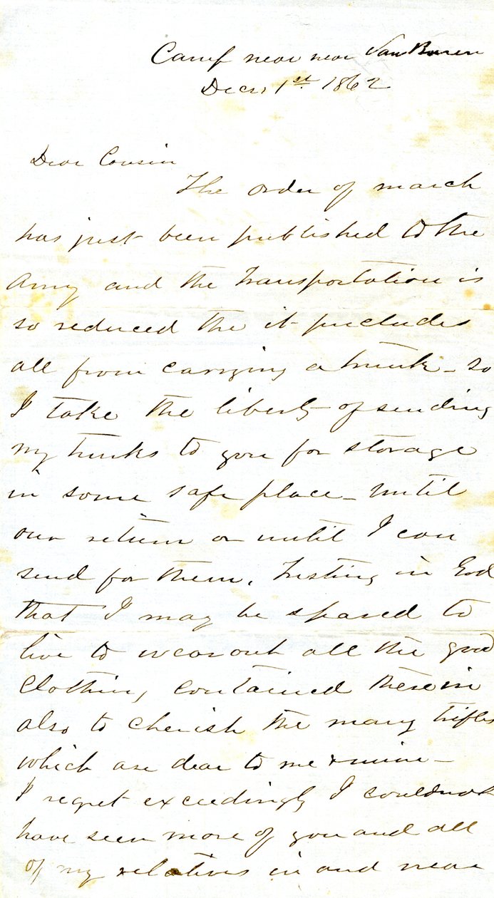 Lettre signée A.E. Steen, camp près de Van Buren, à sa cousine Mme Mary Walker, Van Buren, Ark., 1er décembre 1862 - Alexander Early Steen