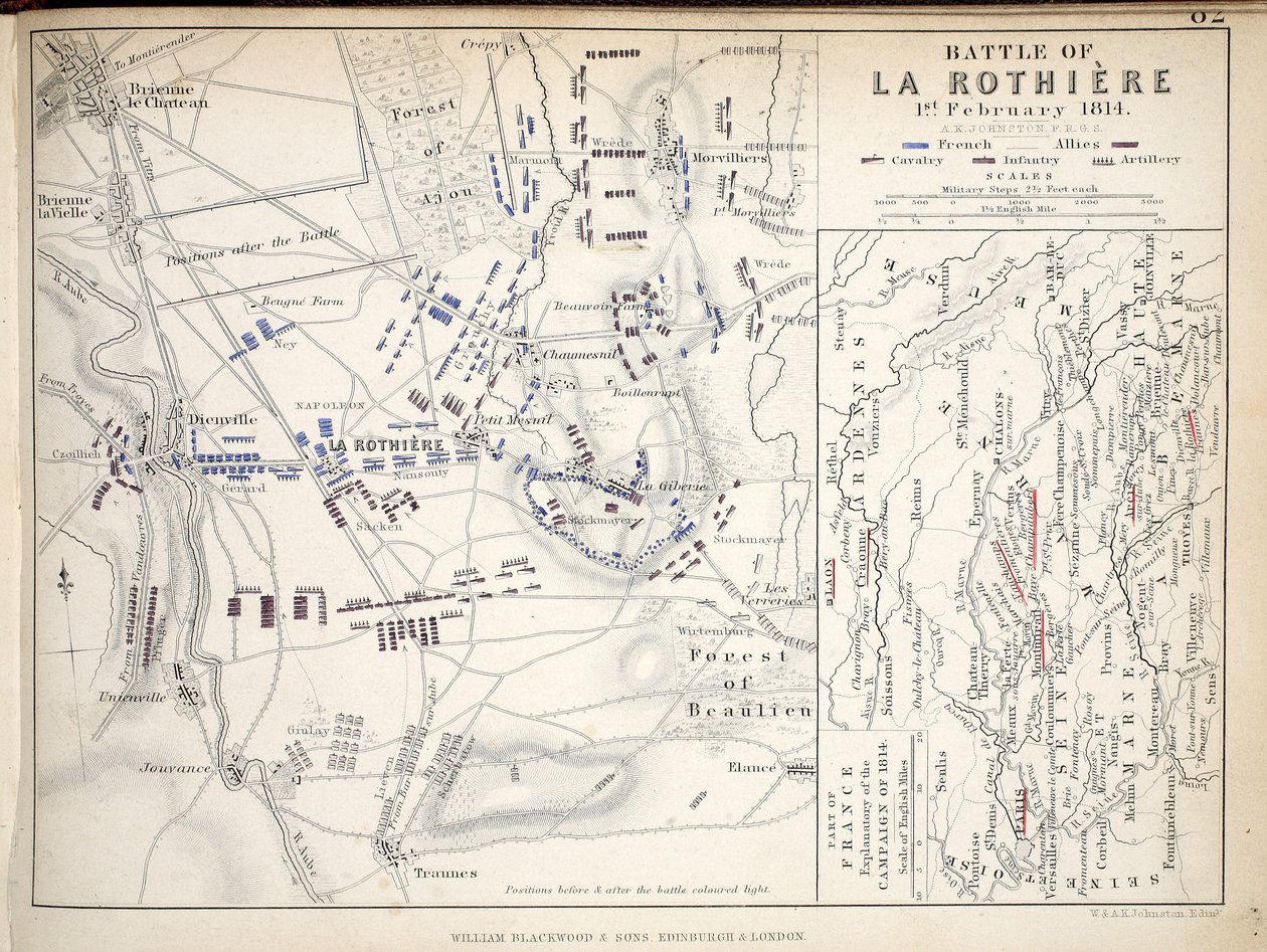 Carte de la bataille de La Rothière, publiée par William Blackwood and Sons, Édimbourg et Londres, 1848 (gravure coloriée à la main) - Alexander Keith Johnston
