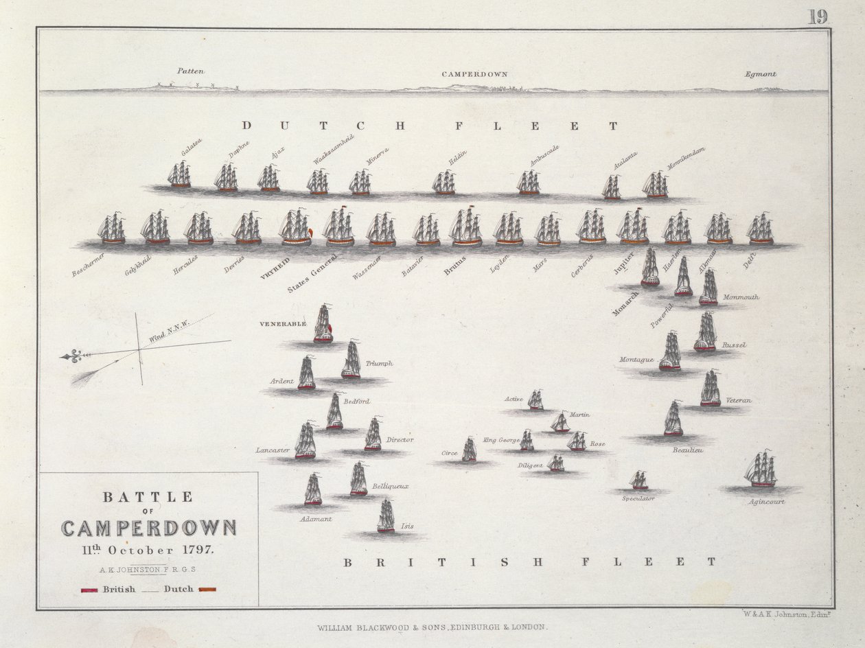 Plan de la bataille de Camperdown, 11 octobre 1797, vers 1830 - Alexander Keith Johnston