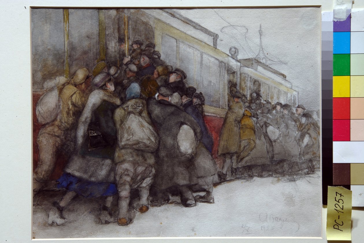 Des gens essayent de monter dans un tramway deja plein - Alexander Vakhrameyev