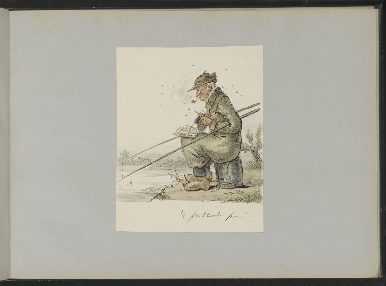 Homme pêchant, tricotant, fumant et lisant au bord de l