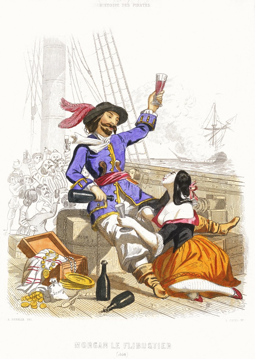 Le capitaine Henry Morgan festoie avec du vin et des femmes, à la manière des pirates, milieu du 19e siècle - Alexandre (after) Debelle