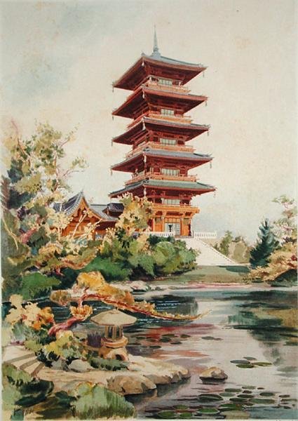 Tour japonaise dans le parc royal de Laeken, Belgique, de Orientalisme et Architecture Contemporaine, gravé par Jules Adolphe Chauvet - Alexandre Auguste Louis Marcel
