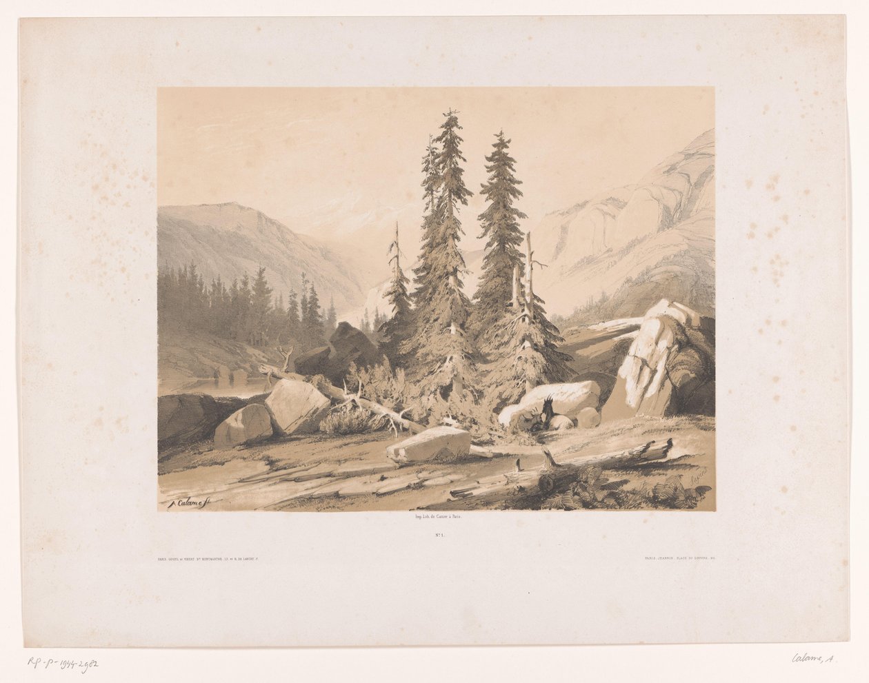 Paysage montagneux avec sapins et chèvres - Alexandre Calame