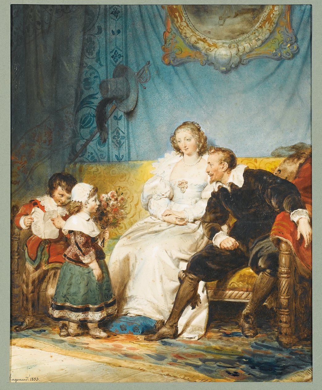 Rubens et Hélène Fourment assis avec Frans tenant une lettre et Isabelle Hélène leur donnant un bouquet de roses - Alexandre Evariste Fragonard