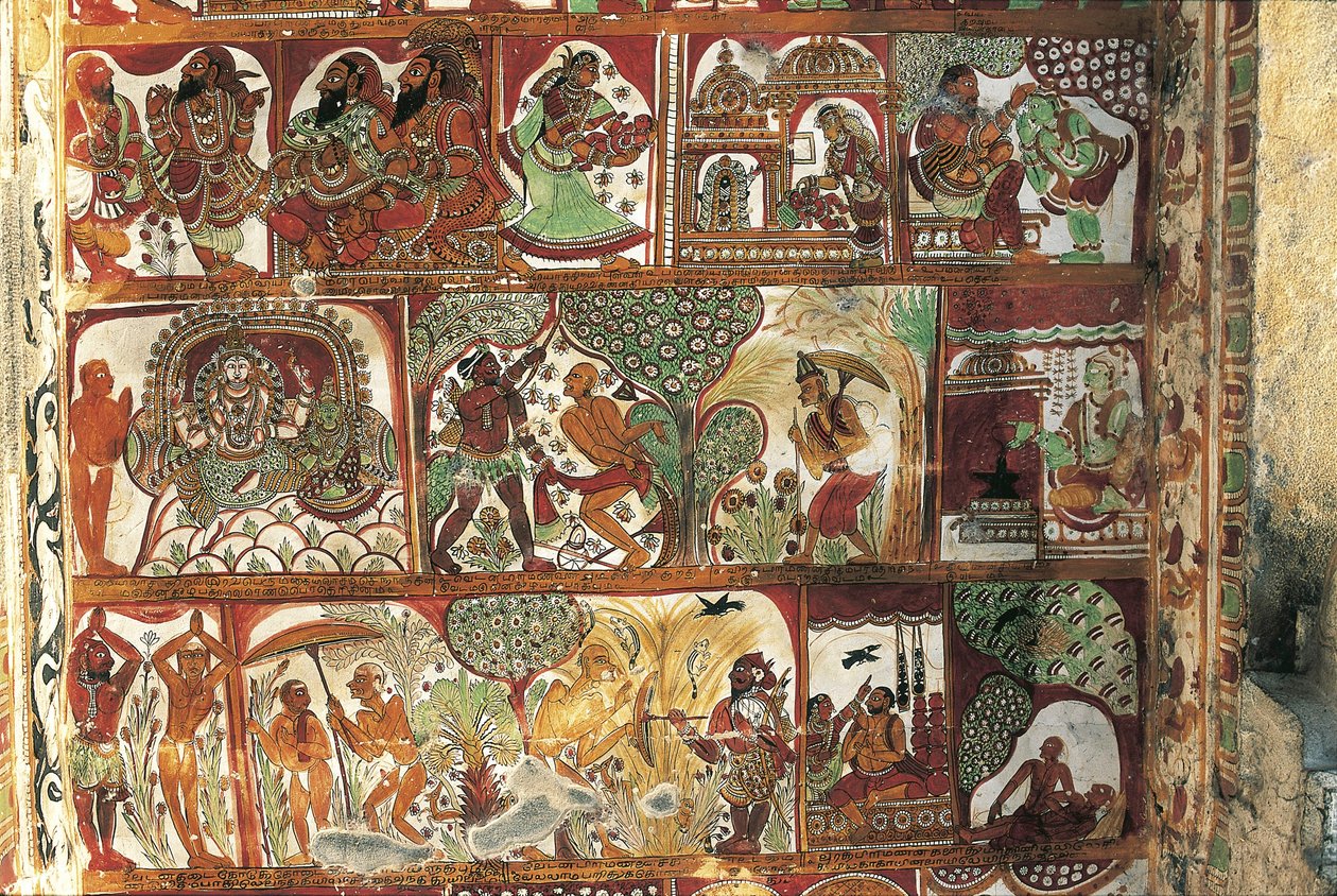 Fresques représentant la vie de Shiva dans le sanctuaire de Parvati, temple de Nataraya, Chidambaram, Tamil Nadu, Inde, 5ème siècle - Nicolas Toussaint Charlet