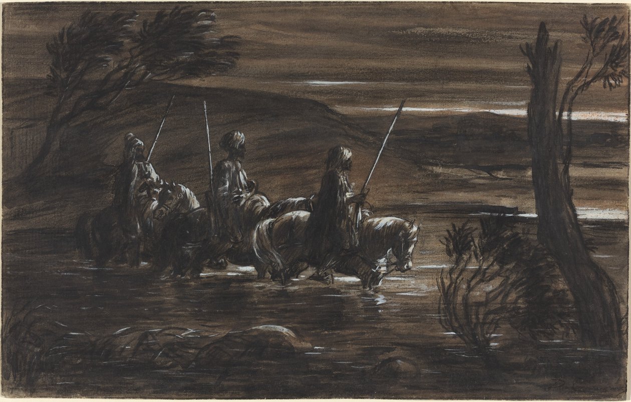 Trois cavaliers arabes traversant une rivière - Alexandre Gabriel Decamps