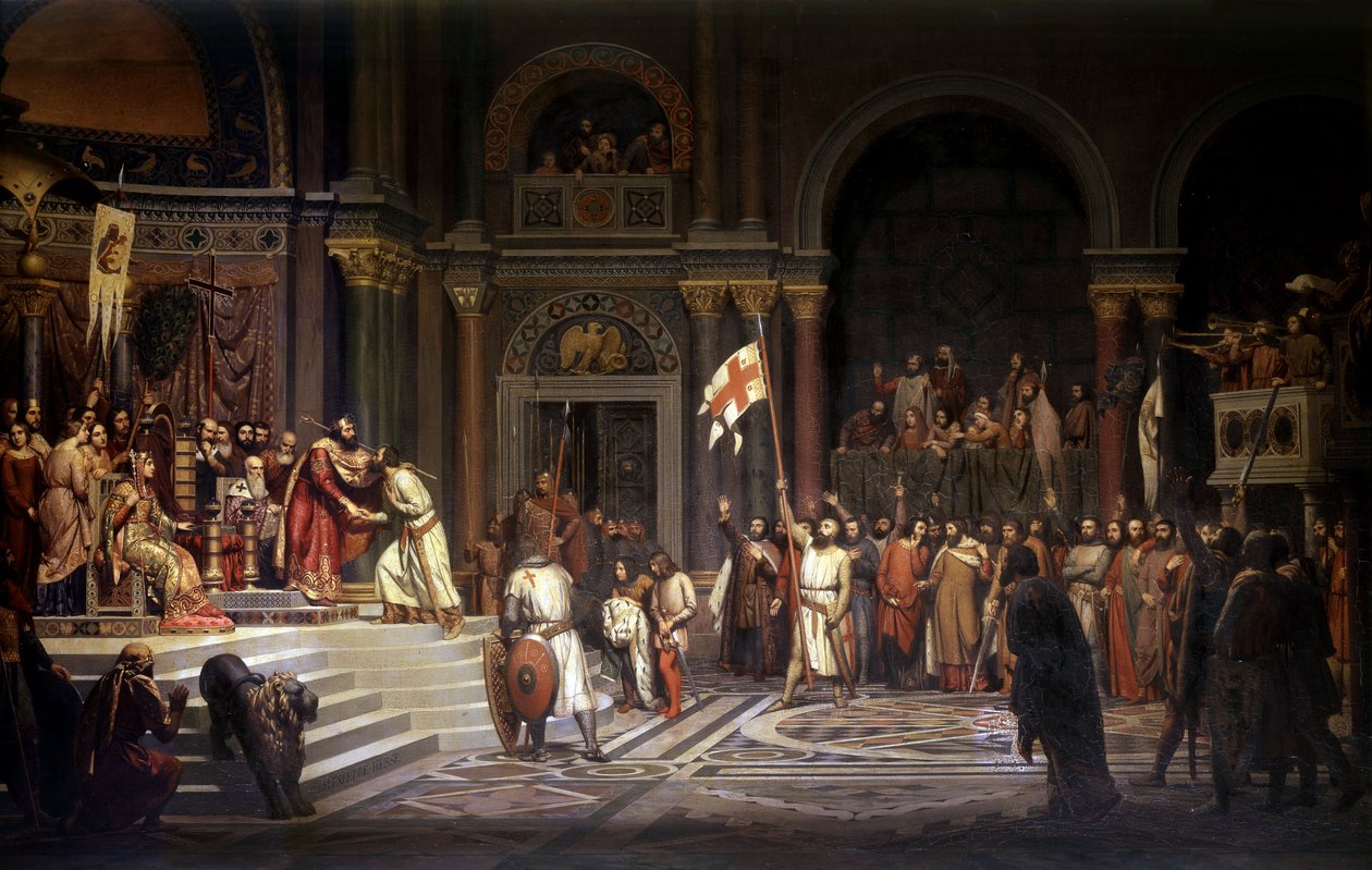 Godefroy de Bouillon reçu par Alexis Comnène, empereur de Constantinople, en 1097, lors de la défense de la ville contre les Turcs pendant la première croisade en 1096-1099 - Alexandre Jean Baptiste Hesse